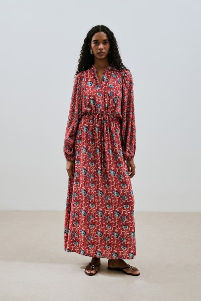 PRINTED VISCOSE TIE DRESS POPPY 