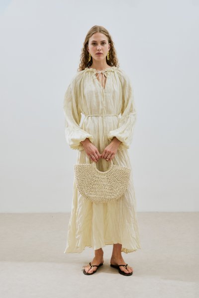 PACKED COLLAR LINEN WIDE DRESS YELLOW 