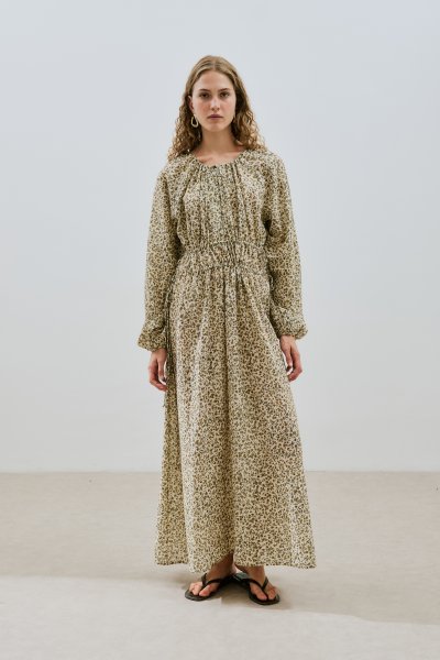 DESENLİ PAMUKLU BÜZGÜLÜ ELBİSE TINY FLOWER 