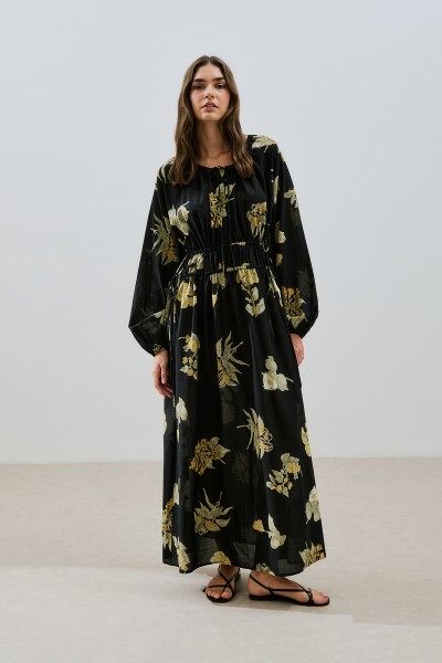 DESENLİ PAMUKLU BÜZGÜLÜ ELBİSE ALOHA 