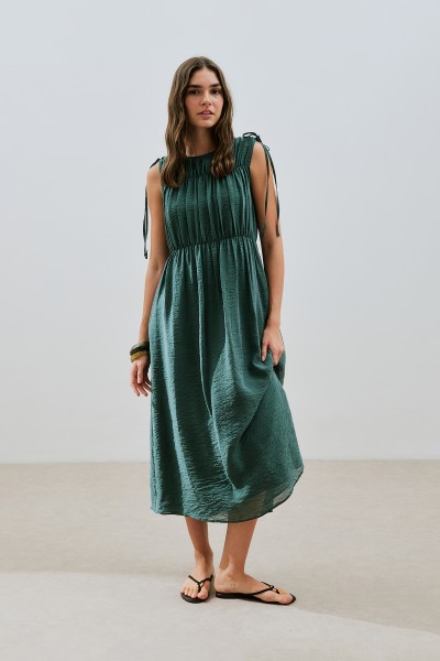 RUCHED TIE DETAIL SLEEVELESS DRESS GREEN 