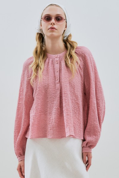 TEXTURED BUTTONED COLLAR BLOUSE PINK 