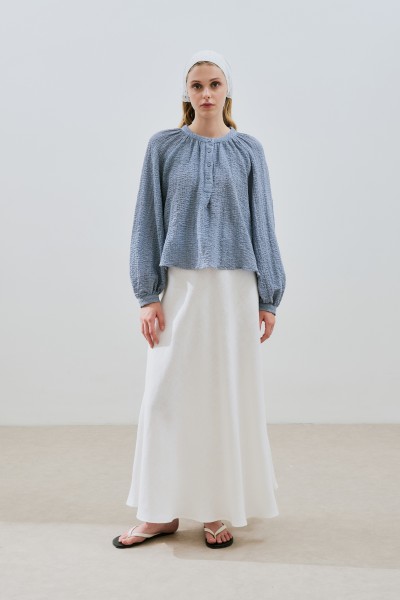 TEXTURED BUTTONED COLLAR BLOUSE BLUE 