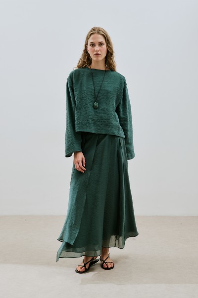 WIDE SLEEVE DRAPED BLOUSE GREEN 
