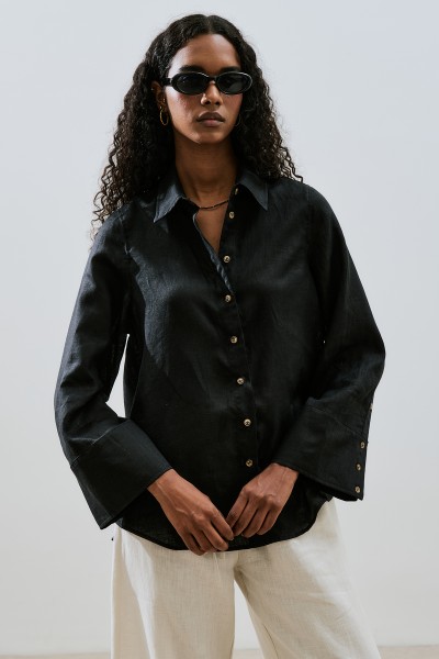 LINEN WIDE CUFFED SHIRT BLACK 