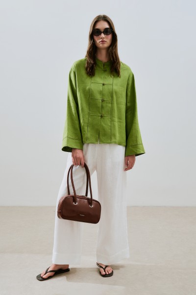 LINEN BUTTON-FRONT SHIRT IN PISTACHIO GREEN 