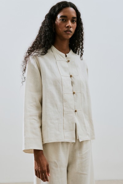 LINEN BUTTON-FRONT SHIRT WITH STONE 