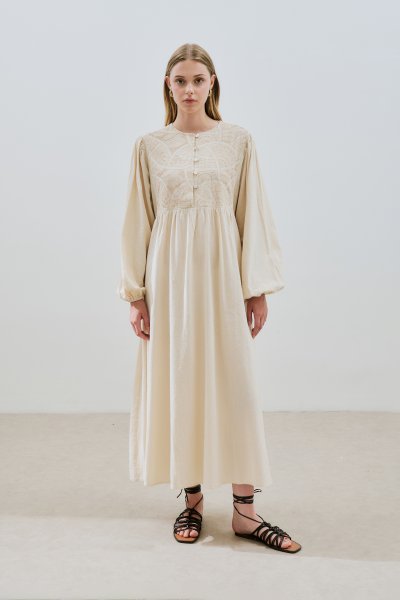 TEXTURED EMBROIDERED DRESS NATURAL 