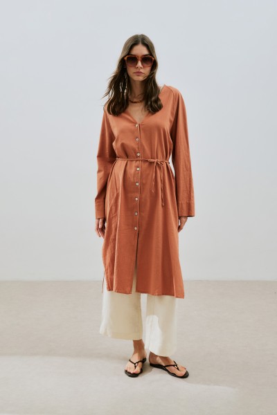 TEXTURED BUTTONED LONG TUNIC CINNAMON 