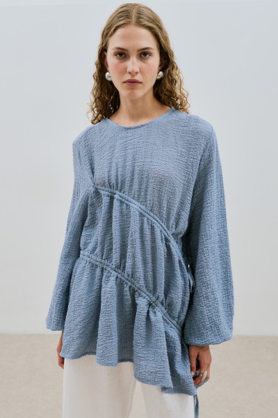 RUCHED TIE TEXTURED TUNIC BLUE 