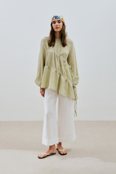 RUCHED TIE TEXTURED TUNIC GREEN 