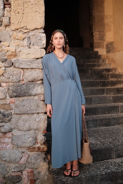 TEXTURED DOUBLE BREASTED CLOSED DRESS INDIGO 