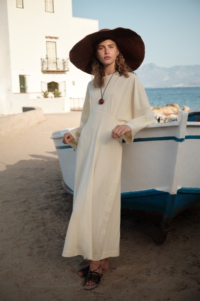 DOKULU ŞERİT DETAYLI ELBİSE NATURAL 