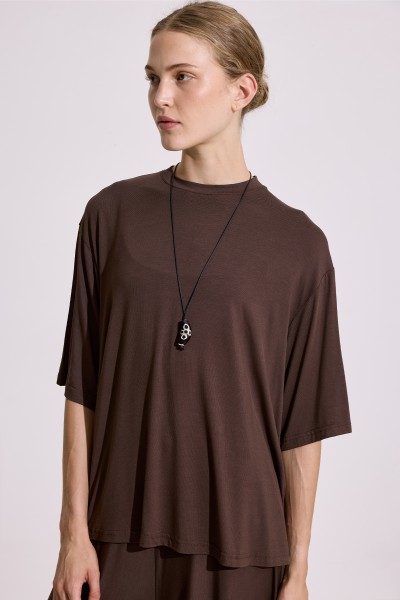 DRAPED SHORT-SLEEVE BLOUSE BROWN 