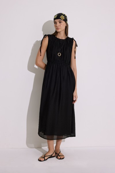 RUCHED TIE DETAIL SLEEVELESS DRESS BLACK 