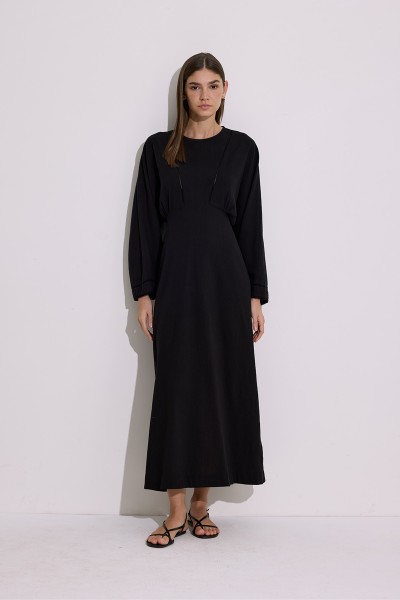 DOKULU ŞERİT DETAYLI ELBİSE SİYAH 