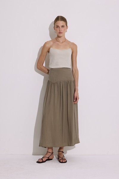 MODAL SHIRRING LONG SKIRT KHAKI 