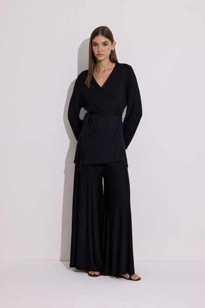 BAĞLAMALI DÖKÜMLÜ KİMONO SİYAH 