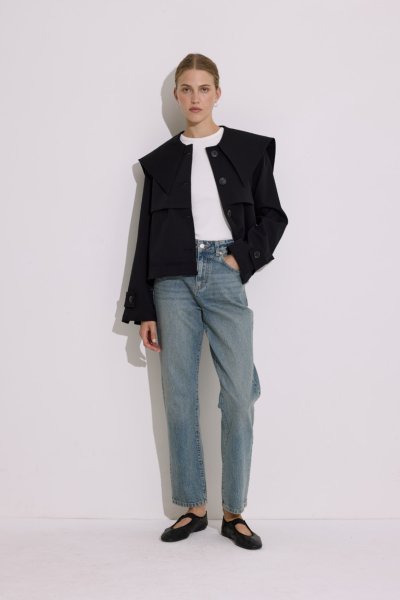 GENİŞ YAKA KISA TRENÇKOT SİYAH 