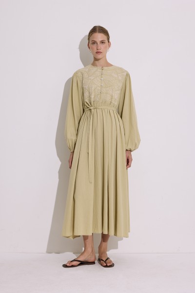 TEXTURED EMBROIDERED DRESS SOFT GREEN 