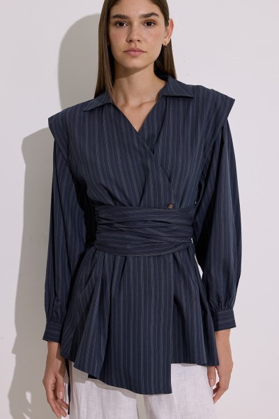 DOUBLE-BREASTED SHIRT WITH TIE DETAILS NAVY BLUE 