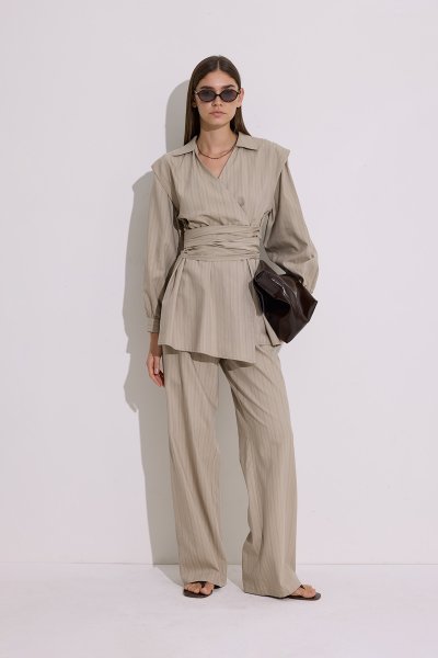 ÇİZGİLİ BELİ LASTİKLİ PANTOLON BEJ 