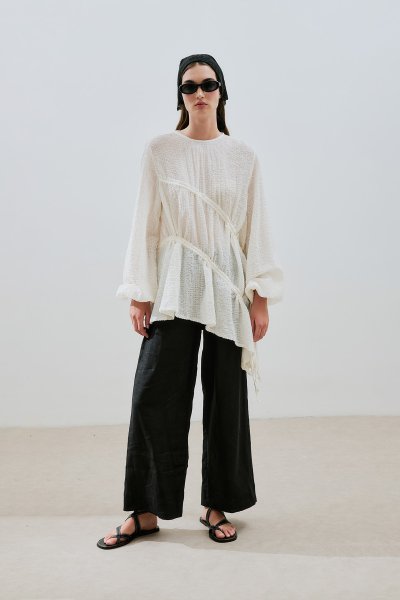 RUCHED TIE TEXTURED TUNIC ECRU 