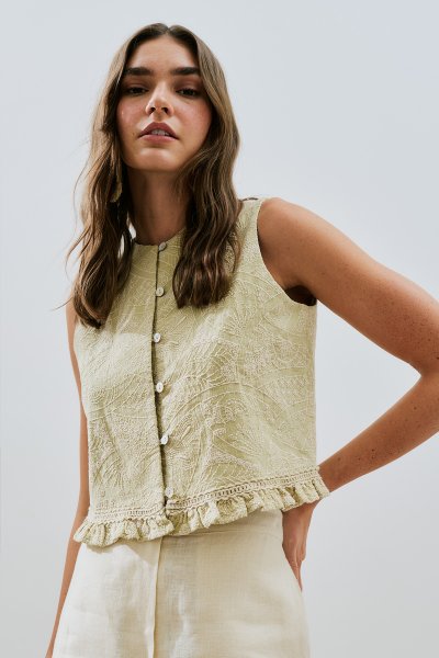 DOKULU NAKIŞLI YELEK SOFT YEŞİL 