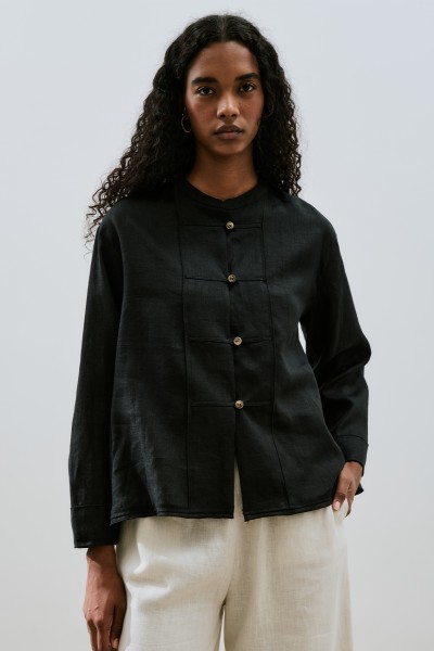 LINEN BUTTON-FRONT SHIRT IN BLACK 