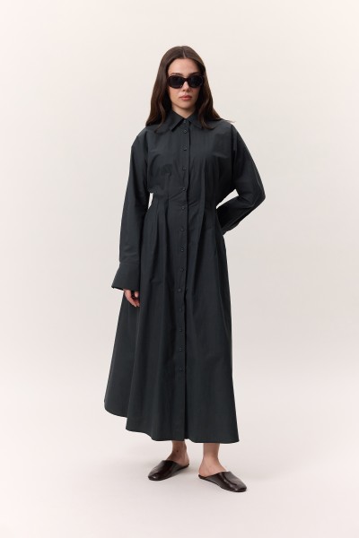 PLEATED DETAIL SHIRT DRESS NAVY BLUE 