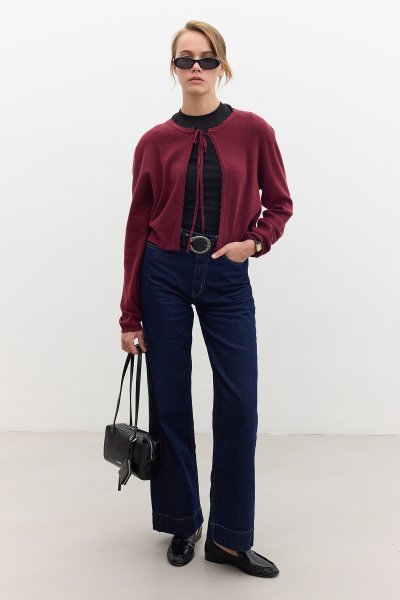 SOFT TEXTURE LACED KNIT CARDIGAN Claret Red 