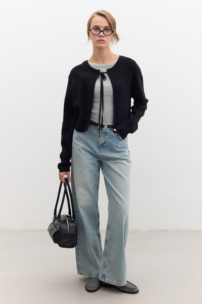 SOFT TEXTURE LACED KNIT CARDIGAN BLACK 