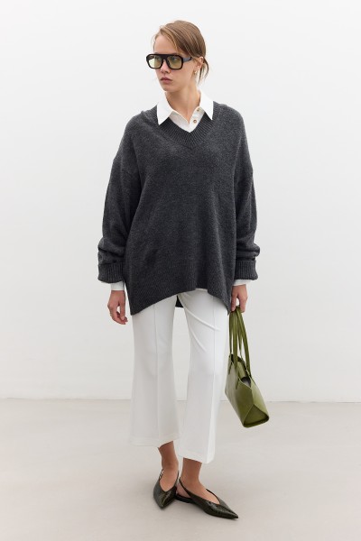 DÜZ ÖRGÜ V YAKA TRİKO KAZAK ANTRASİT 