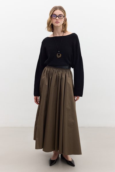 DERİ DETAYLI GENİŞ ETEK HAKİ 