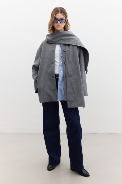 SHAWL COLLAR WOOL COAT GREY 