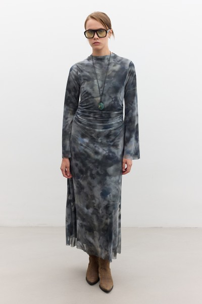 DESENLİ GENİŞ KOL TÜL ELBİSE BATİK YEŞİL 