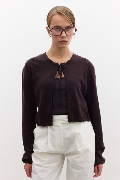 SOFT TEXTURE LACE-UP KNIT CARDIGAN BROWN 
