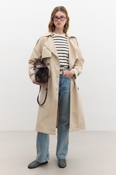 BUTTONED DOUBLE-BREASTED TRENCH COAT BEIGE 