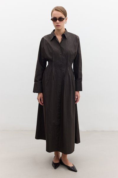RIBBED DETAIL SHIRT DRESS  CHOCOLATE 