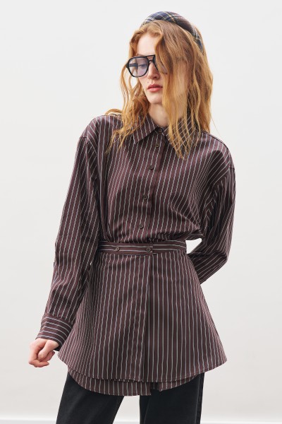 BAĞLAMA AKSESUARLI GÖMLEK KAHVE ÇİZGİLİ 