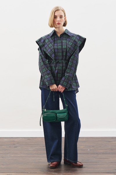 ÜÇGEN FULARLI OVERSIZE GÖMLEK EKOSE LACİVERT 