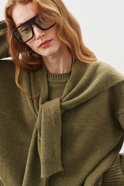 WIDE COLLAR KNITWEAR SHAWL DARK GREEN 