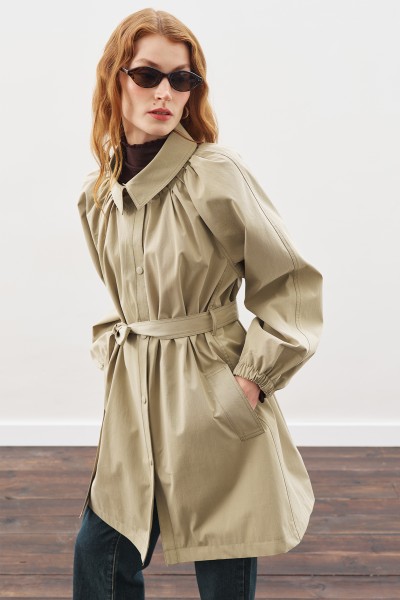 OVERSIZE BAĞLAMALI MİDİ TRENÇKOT HAKİ 