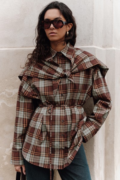 ÜÇGEN FULARLI OVERSIZE GÖMLEK EKOSE YEŞİL 