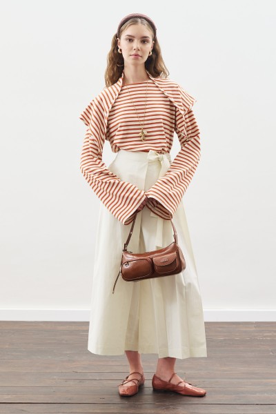 ŞAL DETAYLI ÇİZGİLİ TSHIRT KİREMİT 