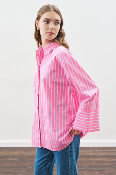 ÇİZGİLİ PAMUKLU GÖMLEK PEMBE ÇİZGİ 