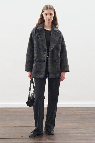 CHECKED WOOL BLEND COAT ANTHRACITE 