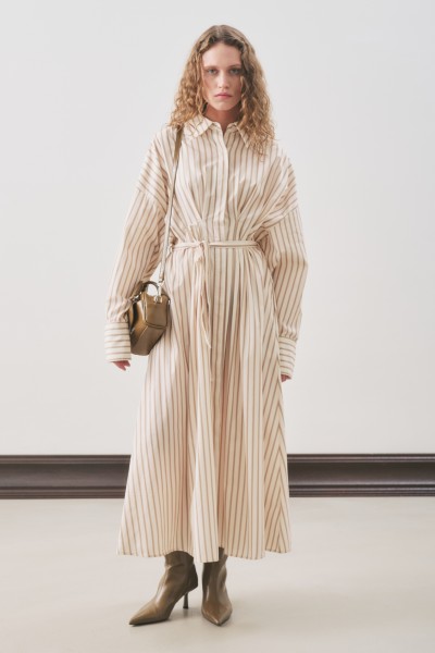 PİLE DETAYLI GÖMLEK ELBİSE BEJ ÇİZGİLİ 