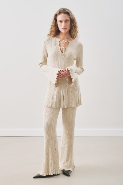 VOLANLI LASTİK ÖRGÜ TUNİK BEJ 