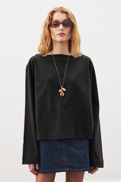 KAYIK YAKA UZUN KOL TSHIRT SİYAH 